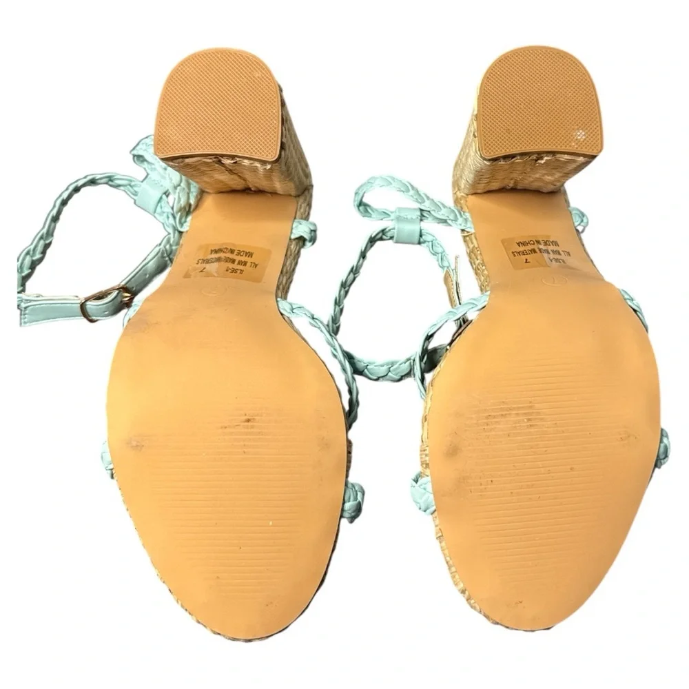 KAYLEEN By Los Angeles Teal and Tan Platform Sandals with Braided Straps - Picture 6 of 6